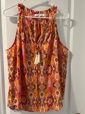Rose & Olive Pink and Orange Tassel Floral Halter Tank